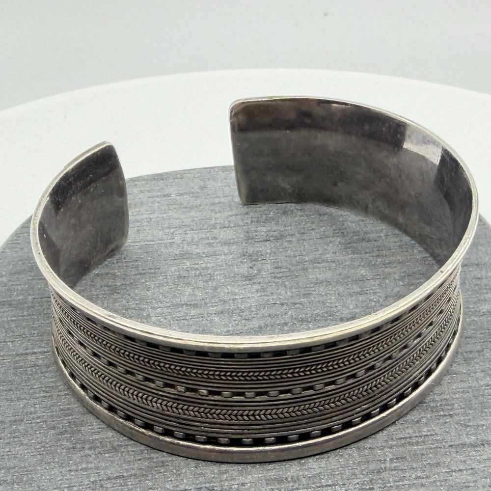 Wide Cuff Bracelet Antique Silver Tone Ornate Etched Tribal Statement Jewelry